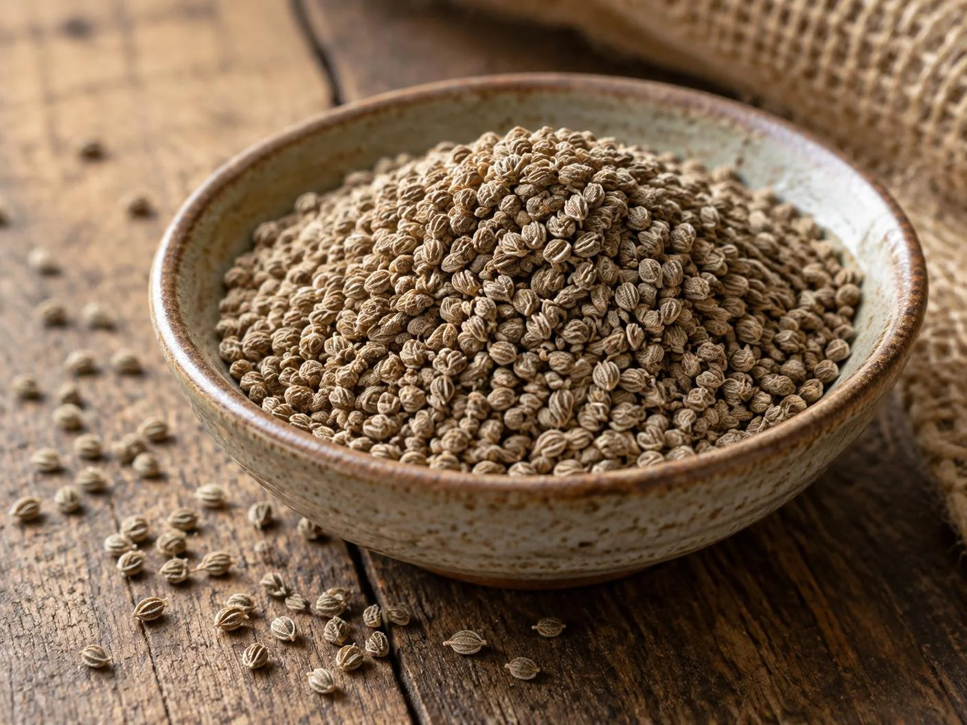 Tiny striped ajwain carom seeds in a ceramic bowl on a wooden surface
