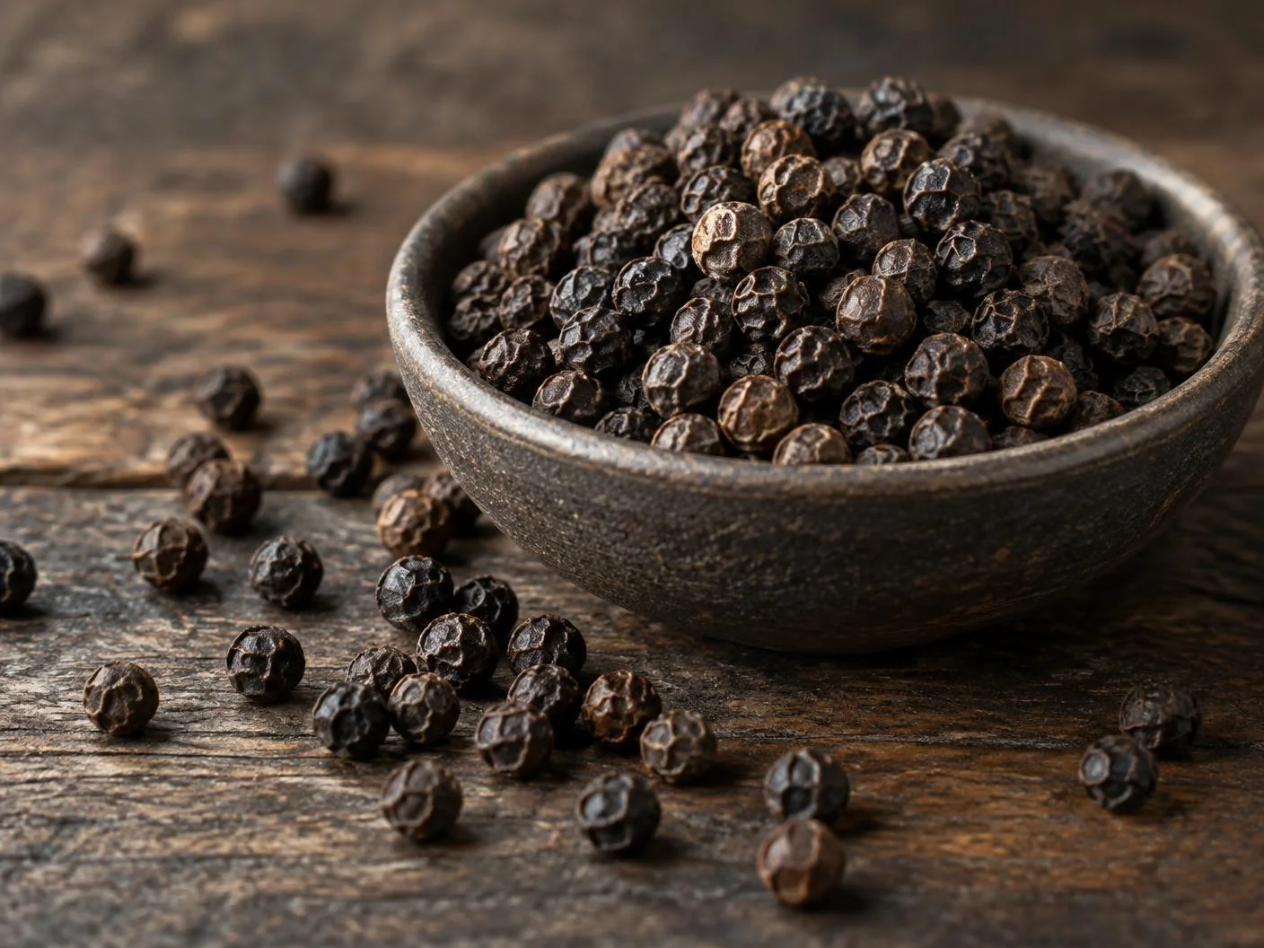 Wrinkled black peppercorns in a small ceramic bowl on aged wood