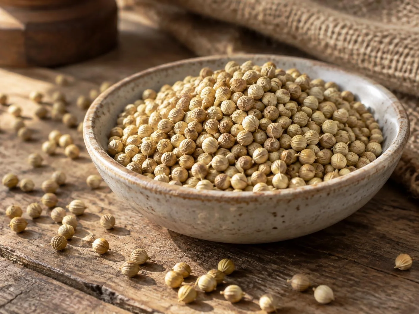 Round pale coriander seeds heaped in a ceramic bowl on aged wood