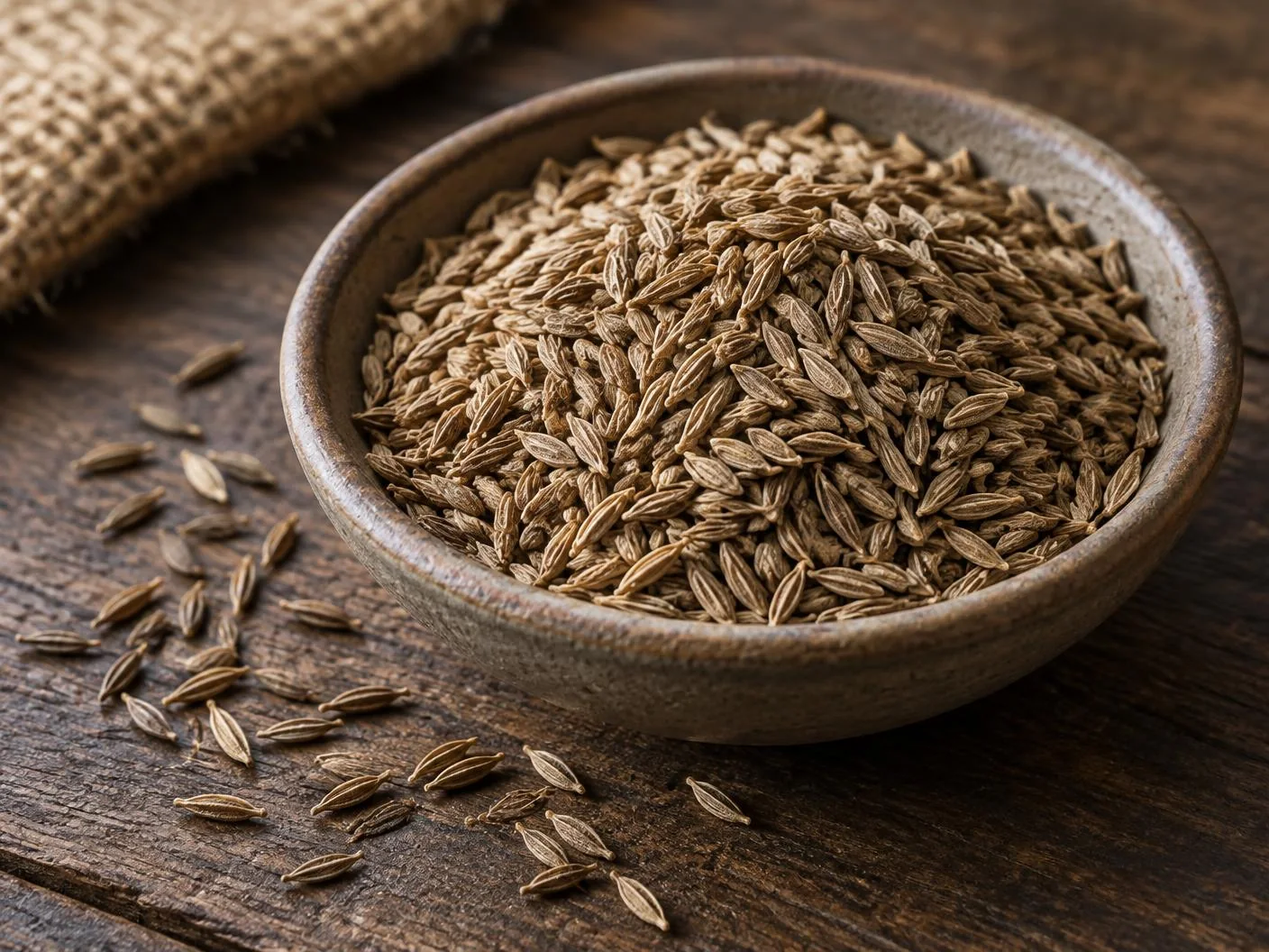Whole Indian cumin seeds in a rustic ceramic bowl on a weathered wooden table in natural light