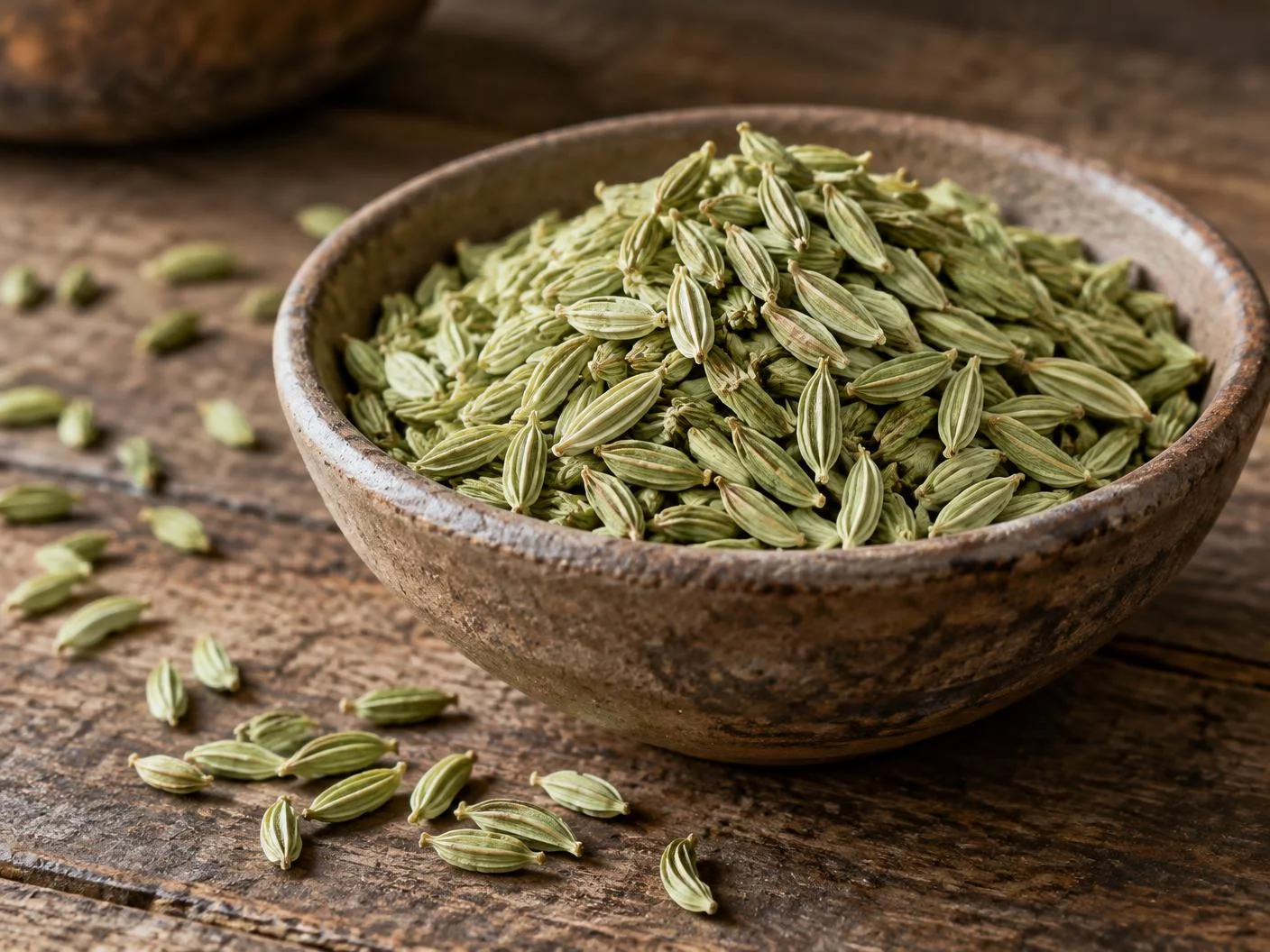 Slender green fennel seeds in a small ceramic bowl on a wooden surface