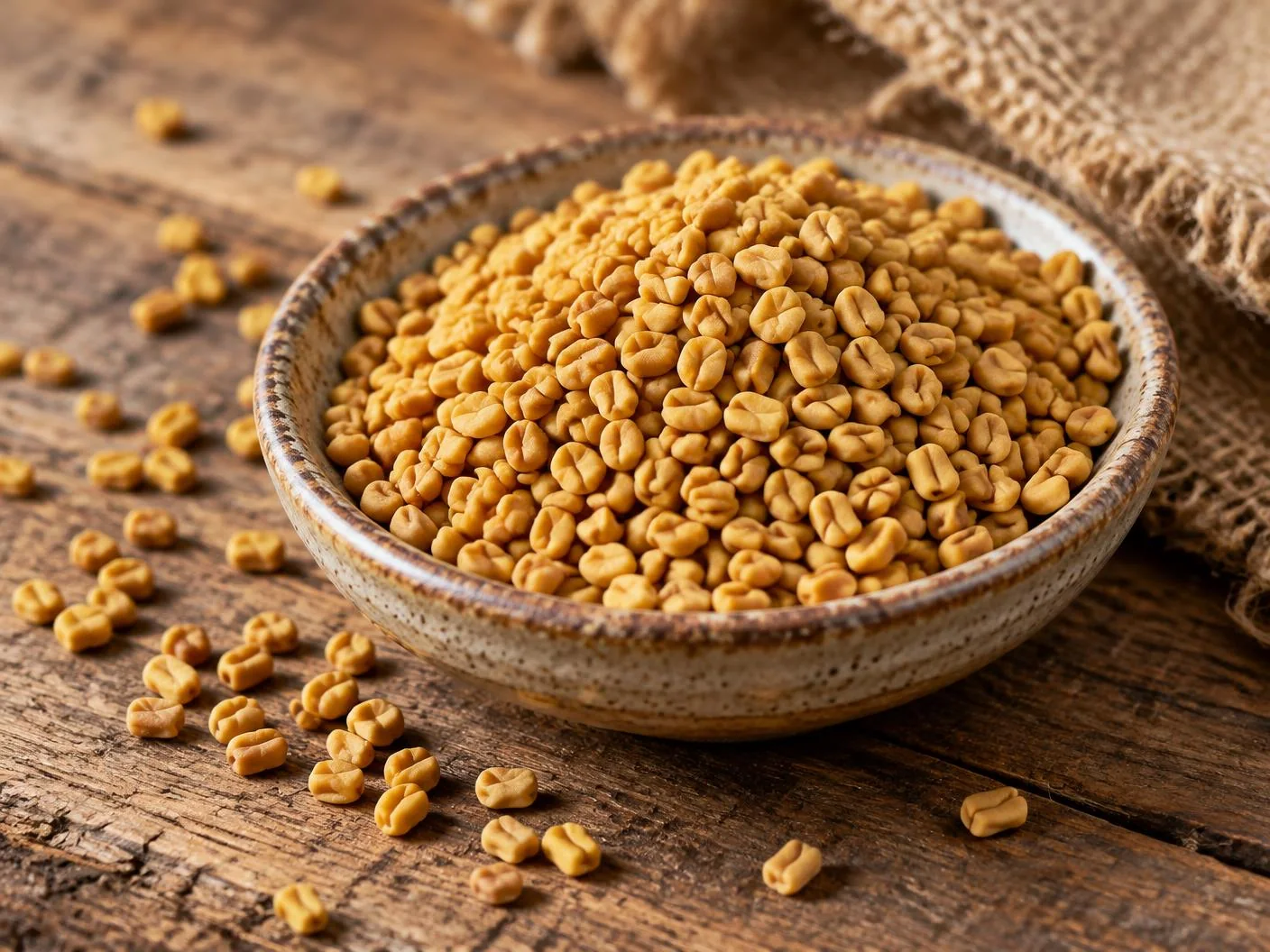 Golden angular fenugreek seeds heaped in a ceramic bowl on aged wood