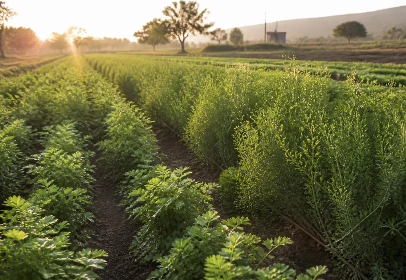 Rows of coriander and cumin crops growing in an Indian field at golden hour