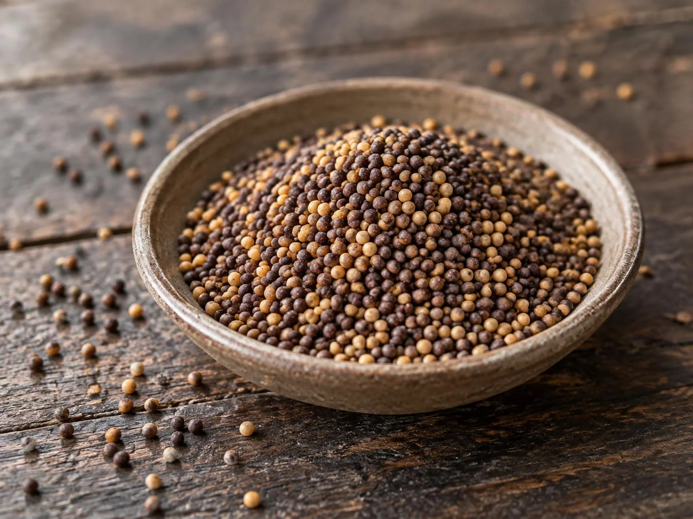Dark brown and yellow mustard seeds in a ceramic bowl on a wooden table