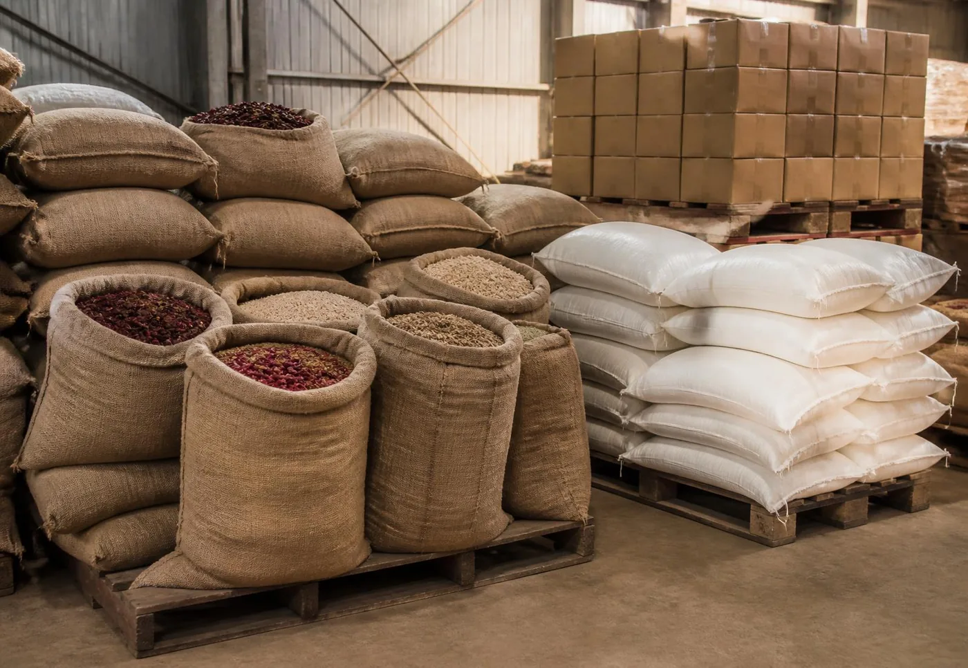 Jute sacks and woven bags of spices stacked on wooden pallets beside cartons in a warm-lit warehouse