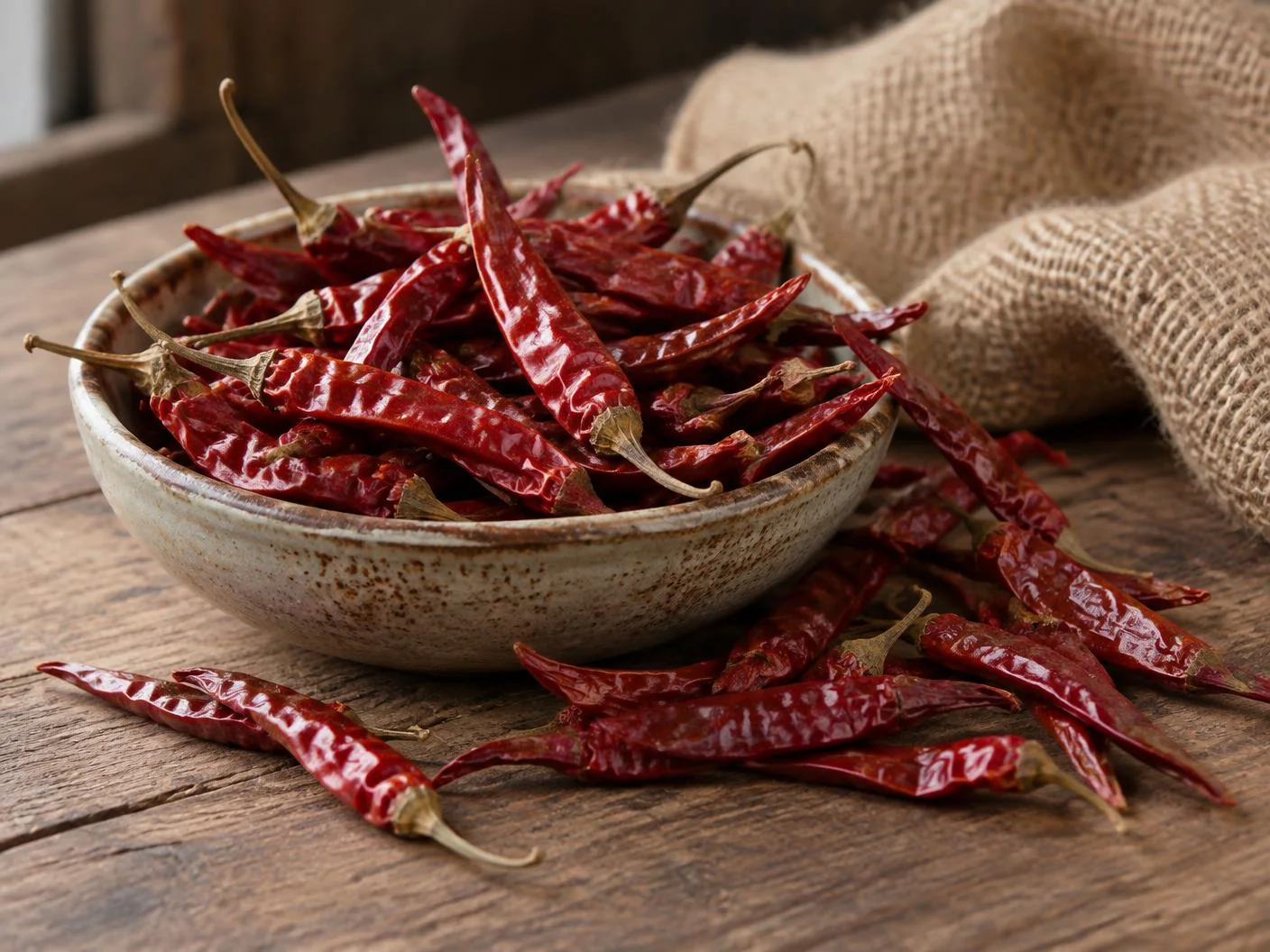 Dried whole red chillies with stems in a pale ceramic bowl on a wooden table