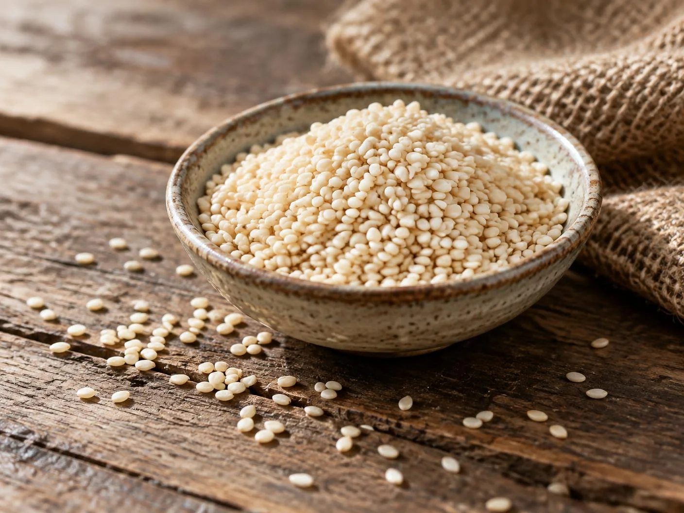 Ivory white sesame seeds heaped in a ceramic bowl on weathered wood