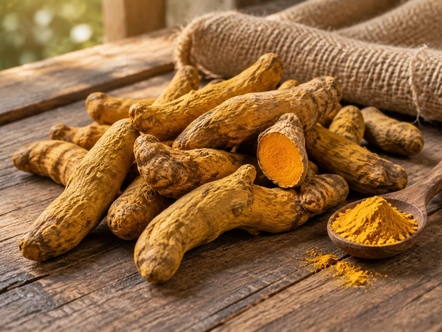 Ground turmeric powder with whole dried turmeric fingers in a ceramic bowl